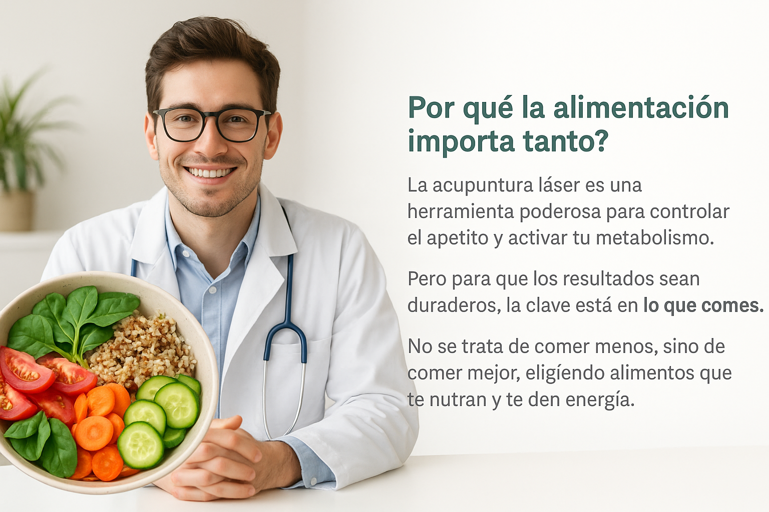 Joven doctor con bata blanca y estetoscopio sonriendo, sosteniendo un plato con ensalada fresca de espinaca, tomate, zanahoria, pepino y quinoa, acompañado de texto sobre la importancia de la alimentación en el tratamiento con acupuntura láser.